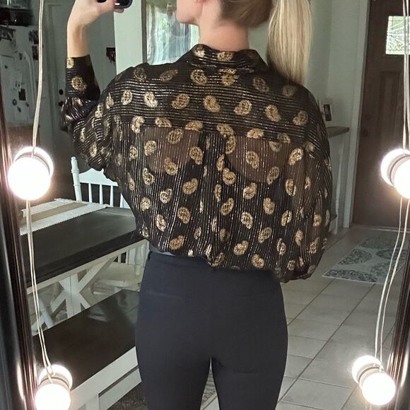 Zara Black & Gold Metallic Paisley Print Button Down Long Sleeve Blouse - Picture 3 of 10